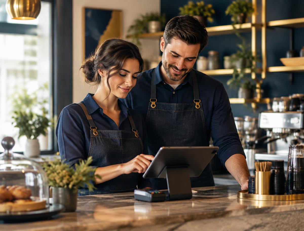Small business owners taking payments on a tablet
